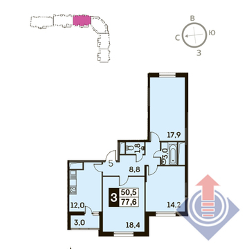 Одинцово, 3-х комнатная квартира, ул. Чистяковой д., 6712400 руб.