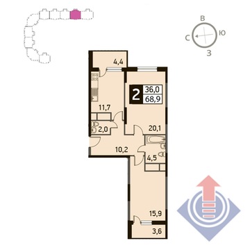 Одинцово, 2-х комнатная квартира, ул. Чистяковой д., 6434680 руб.
