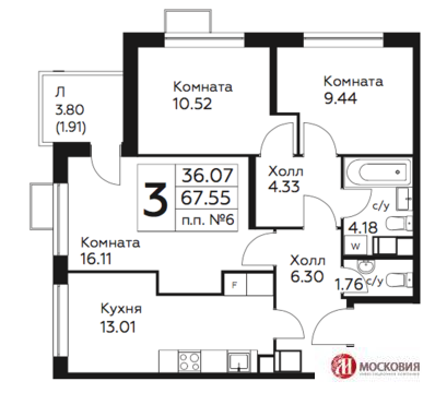 Москва, 3-х комнатная квартира, проектируемый проезд 7032 д.45, 6985000 руб.