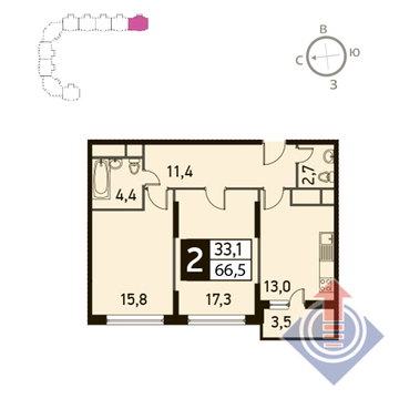Одинцово, 2-х комнатная квартира, ул. Чистяковой д., 6191150 руб.
