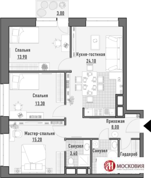 Москва, 3-х комнатная квартира, ул. Октябрьская д.69, 24840000 руб.